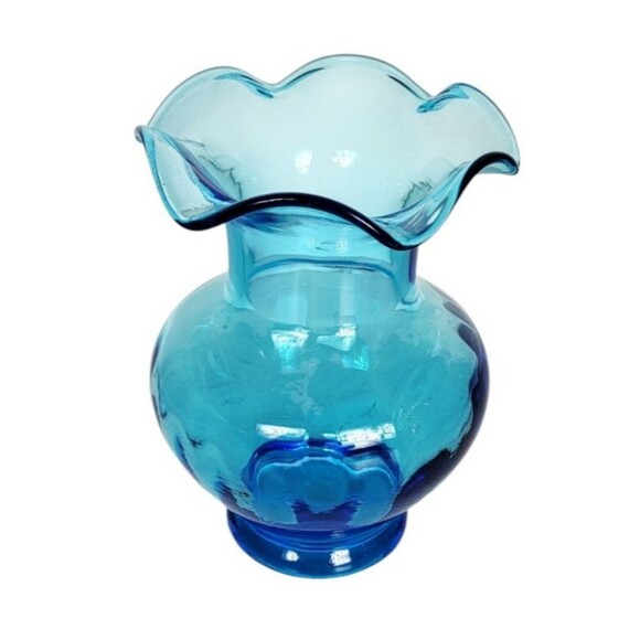 Vintage MCM Aqua Turquoise Blue Ribbed Glass Ruffled Rim Flower Vase 7.5" - Picture 3 of 8